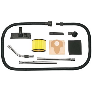 Accessoires pour aspirateur eau et poussière sans fil Einhell : buses, filtres, tube d'aspiration et flexible.