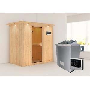 Sauna Karibu Vera con stufa e centralina. Sauna a elementi con porta in vetro e pietre.
