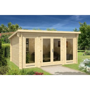 Abri de jardin Alpholz Atrium-F avec toit plat, traité par immersion, 440x345 cm. Maison en bois avec portes vitrées dans le jardin.