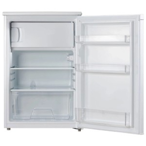 Offener, weißer Domo Kühlschrank mit Gefrierfach (113 l) mit Ablagen und Gemüseschublade.