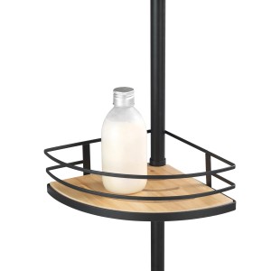 Étagère d'angle télescopique WENKO Dolcedo avec tablette en bambou et cadre en acier inoxydable noir.