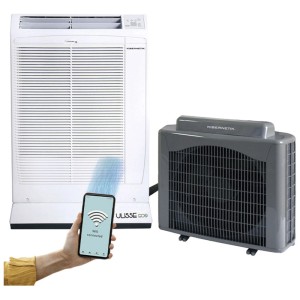 Climatizzatore split mobile Kibernetik ECO 13 bianco, con unità esterna grigia e smartphone per controllo Wi-Fi.
