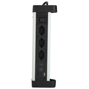 Multiprise de table Schönenberger en aluminium avec 3 prises T13, port USB-C et USB-A.