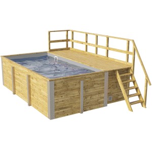 Piscine rectangulaire en bois Weka avec terrasse, échelle et local technique, liner gris clair.