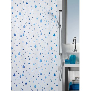 Tenda doccia Spirella Waterdrop blu, 180x200 cm, con motivo a gocce blu.