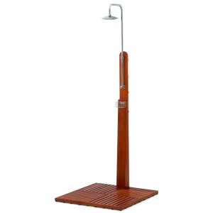 Doccia da giardino Diaqua in legno di eucalipto con soffione in acciaio inox e mensola.