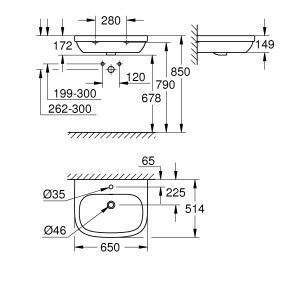 Disegno tecnico: Lavabo Grohe Euro Keramik, dimensioni per installazione e impianto idraulico.