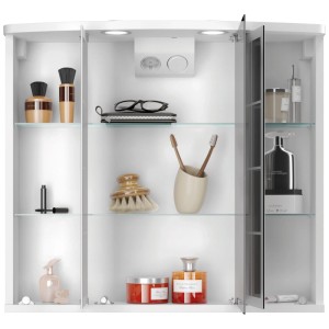 Armoire de toilette à LED Jokey Binz style campagnard, blanche, avec étagères en verre et accessoires de salle de bain.