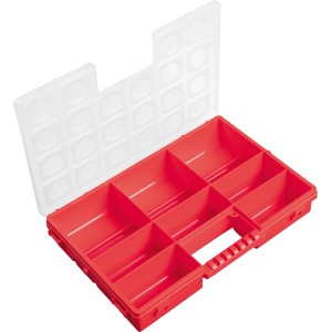 Roter LUX Sortierkasten mit 8 Fächern und transparentem Deckel. Ideal für Aufbewahrung.