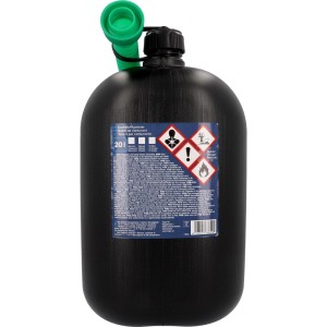 Tanica per benzina Cartrend Quick nera da 20 litri con beccuccio di riempimento verde.