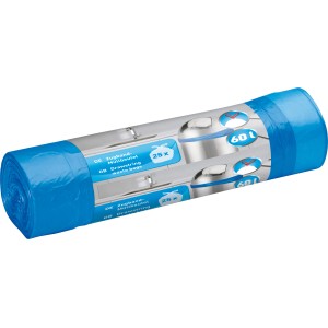 Rouleau de sacs poubelles bleus, 60 l, avec cordon de serrage, 25 pièces pour déchets ménagers.