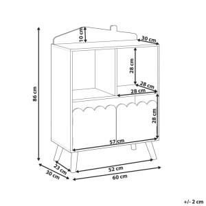 Dessin technique étagère enfant Beliani Lackey, 86x60x30 cm. Forme maison, étagères ouvertes, 2 portes, design scandinave.
