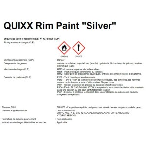 Etichetta del kit di riparazione cerchi Quixx con informazioni sui pericoli e sulla sicurezza.