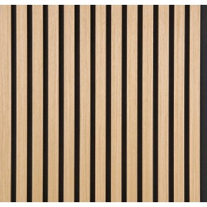 Pannello acustico Decor 120, doghe rovere chiaro su sfondo scuro, 52x120 cm, per assorbimento acustico.