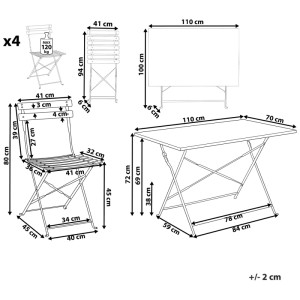 Dessin technique: Ensemble de jardin Fiori pliable avec table et 4 chaises en acier, montre les dimensions.