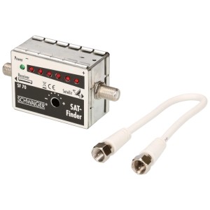 Schwaiger SAT-Finder, misuratore antenna argentato con display LED e cavo bianco.
