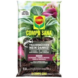 Compo Sana Indoor-Blumenerde, torffrei, 7,5 l. Speziell gegen Trauermücken für Zimmerpflanzen.