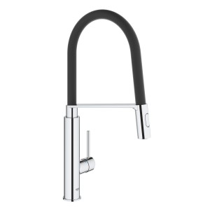 Miscelatore monocomando per lavello Grohe Concetto con bocca flessibile nera e finitura cromata.
