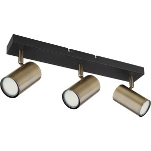 Globo Faretto Robby, 3 luci, nero opaco con spot color ottone anticato. Design moderno per lampadine GU10.
