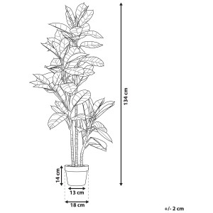 Illustrazione di una pianta artificiale di Ficus Elastica alta 134 cm in vaso (Ø 18cm).