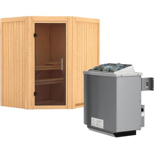 Sauna Karibu Tjorven con stufa e porta in vetro grafite per un'esperienza rilassante.