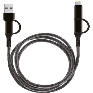 Câble de charge USB 4-en-1 noir avec connecteur USB-A, USB-C et Lightning pour accessoires audio.