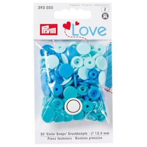 Prym Color Snaps Love, tonalità di blu, 12,4 mm, 30 pezzi. Bottoni a pressione in plastica per abbigliamento neonato e bambino.