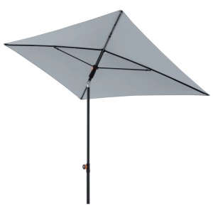 Rechteckiger Doppler Myzone Sonnenschirm in Hellgrau mit anthrazitfarbenem Stahlmast. Perfekt für Balkon.