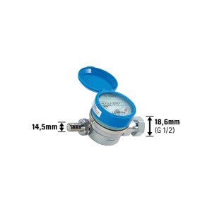 Compteur d'eau froide chromé pour mesurer la consommation d'eau avec couvercle bleu et filetage.