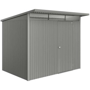 Casetta da giardino Biohort AvantGarde Eco Gr. A5 in grigio quarzo metallizzato con tetto a una falda e porta standard.