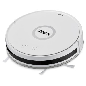 Robot aspirateur blanc Trisa T-Bot Lite avec brosses latérales et commandes.