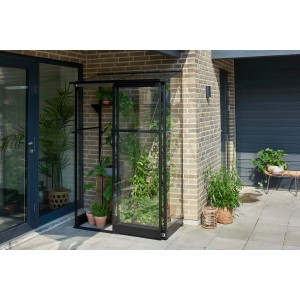 Serra da appoggio Halls Qube Lean-to 24, nera, con piante. Ideale per giardino e terrazzo.