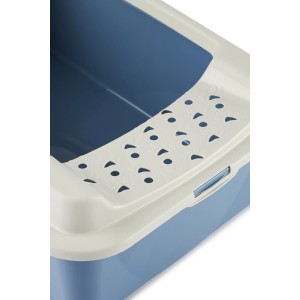 Gros plan : litière pour chat Rotho Eco Bonnie Tray M en bleu horizon avec récupérateur de litière.