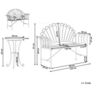 Schéma : Ensemble bistro Beliani Cavinia, métal rosé, avec dimensions du banc et de la table. Mobilier de balcon Art Nouveau.