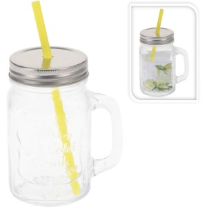 Verre avec poignée, couvercle en métal et paille jaune, 450 ml.