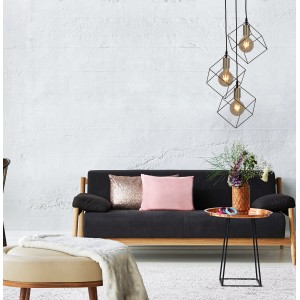 Lampada a sospensione Näve Canto, 3 luci, 146 cm, in stile industriale sopra il divano.