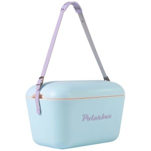 Babyblaue Polarbox Kühlbox Retro Cooler (20 l) mit lila Trageriemen.