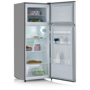 Frigorifero con congelatore Severin DT8761 argento, porta aperta, interno con alimenti.