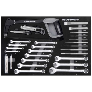 Insert d'outil pour servante d'atelier Kraftwerk avec scie, tournevis, limes et clés.