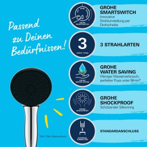 Grohe Vitalio Start 110 douchette chromée, 3 jets, QuickFix : Économie d'eau, installation facile.