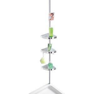 Wenko Étagère d'angle télescopique Premium avec 3 tablettes argentées, idéale pour salle de bain et douche.