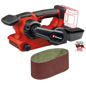 Ponceuse à bande sans fil Einhell TP-BS 18/457 Li BL Solo avec boîte à poussière et bandes abrasives.