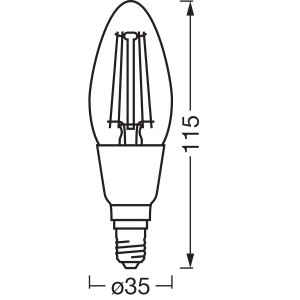Illustrazione di una lampadina LED Osram Matter E14 a forma di candela con dimensioni.