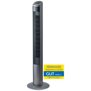 Ventilateur colonne Trisa Fresh Breeze argenté avec panneau de commande et base ronde.