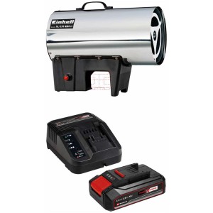 Générateur d'air chaud à batterie Einhell GE-HG 18/370 Niro Li avec batterie, chargeur, détendeur et tuyau de gaz.