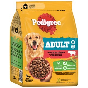 Sacchetto giallo Pedigree Adult cibo secco per cani con Golden Retriever, manzo e verdure, 3 kg.