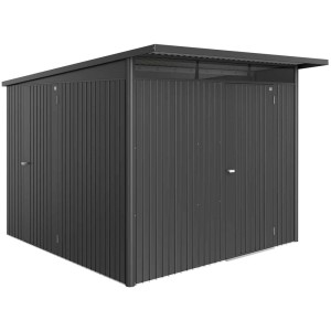 Casetta da giardino Biohort AvantGarde Eco Gr. A7 in grigio scuro metallizzato con tetto a falda e porta standard.