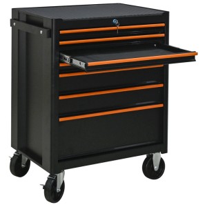 Chariot d'atelier CarTech noir avec 7 tiroirs, poignées orange et roulettes.