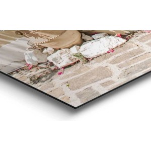 Reinders Deco Panel MDF, Detailansicht: rustikaler Steinboden, weiße Felsen, pinke Blüten. Hochwertiges Wandbild.