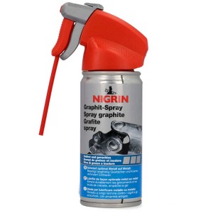 Nigrin Spray graphite 100ml pour réparation peinture et carrosserie, avec tête et tube de pulvérisation rouges.